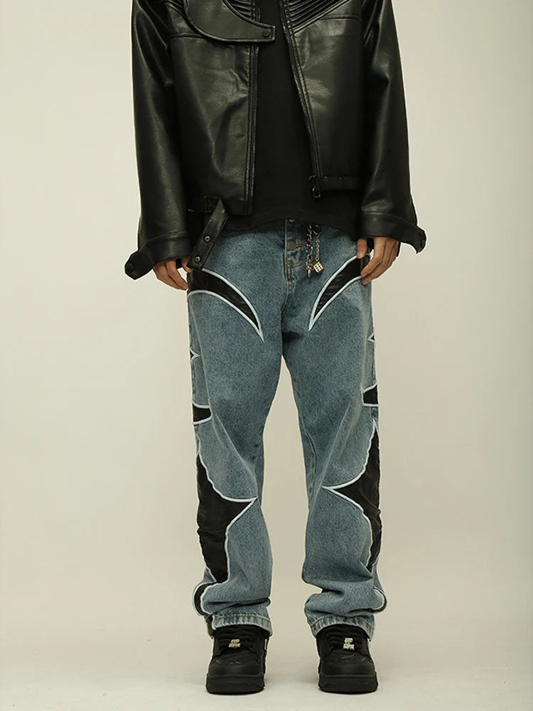 Crescent Embroidery Patchwork Baggy Pants