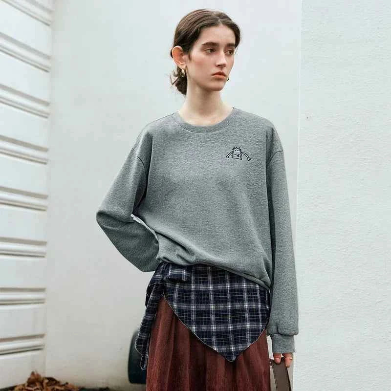 Gray Plaid Embroidered O-Neck Casual Sweatshirt