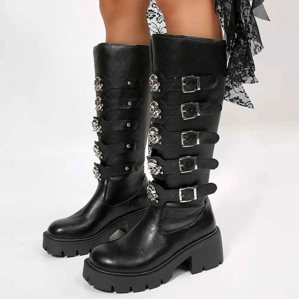 Y2K Gothic Buckle Belts Platform Leather Boot