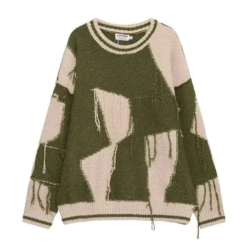 Vintage Green Ripped Tassel Knitted Pullover Sweater