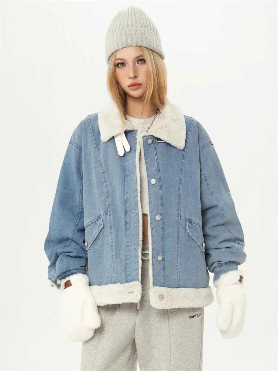 Sweet Blue Plush Lady Short Denim Jacket