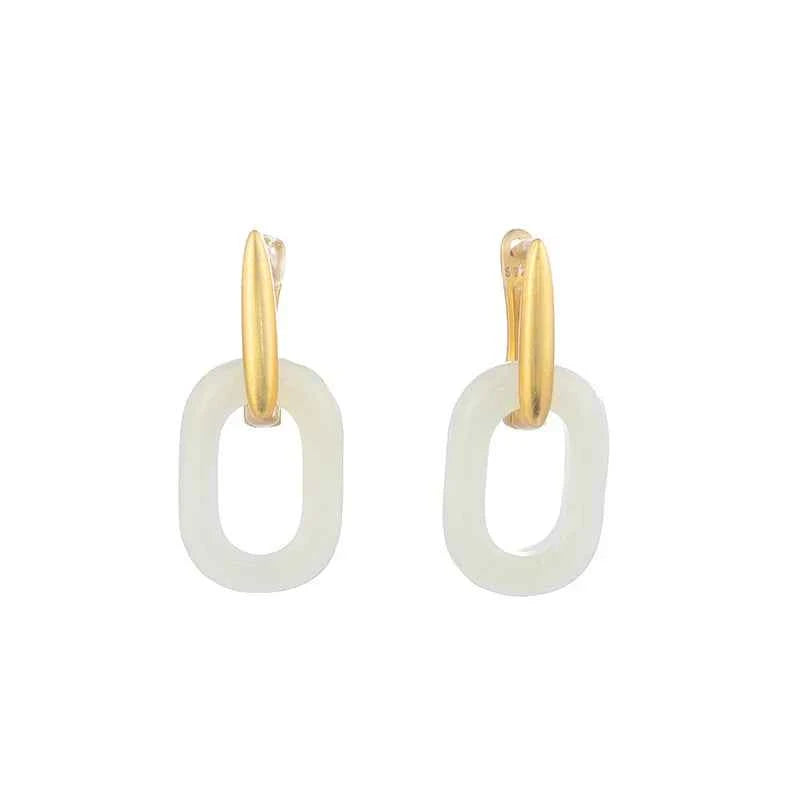 Gold Hetian Jade Geometric Irregular Earrings