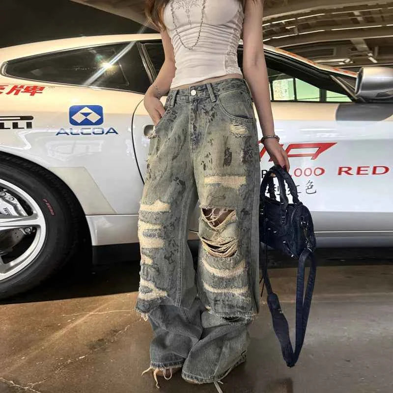 Vintage American Style Low Rise Ripped Jeans