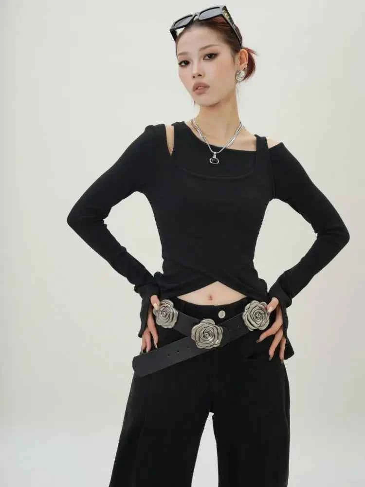 Black Irregular Slim Long Sleeve T-Shirt
