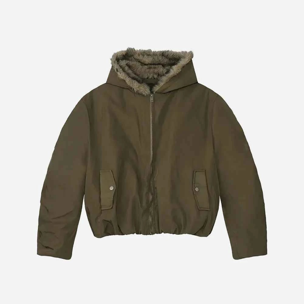 Retro Solid Color Thicken Hooded Fur Jacket