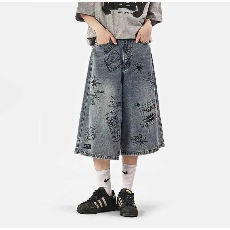 Cool Streetwear Graffiti Printed Loose Wide Leg Jorts