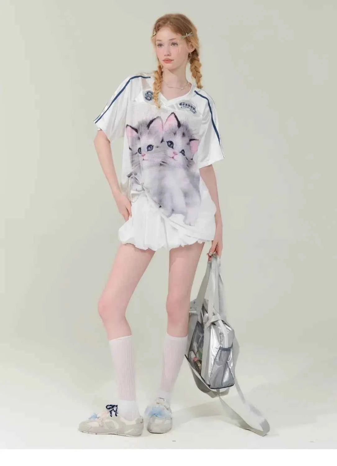 Funny Cat Print Football Jersey T-Shirt