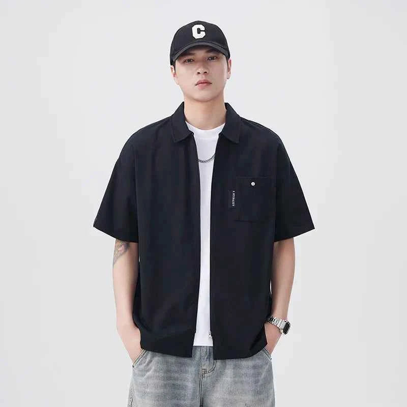 Plush Black Summer Loose Casual Short Sleeve Shirt