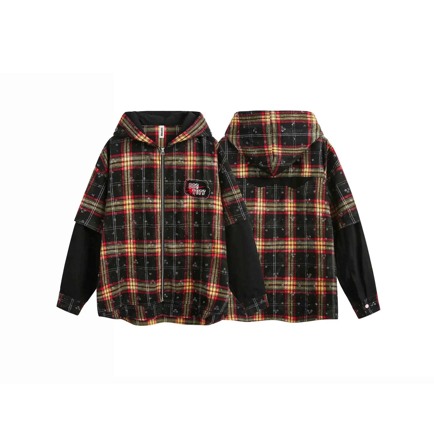 Plaid American Style Fake Two Piece Hooded Sweatshirt