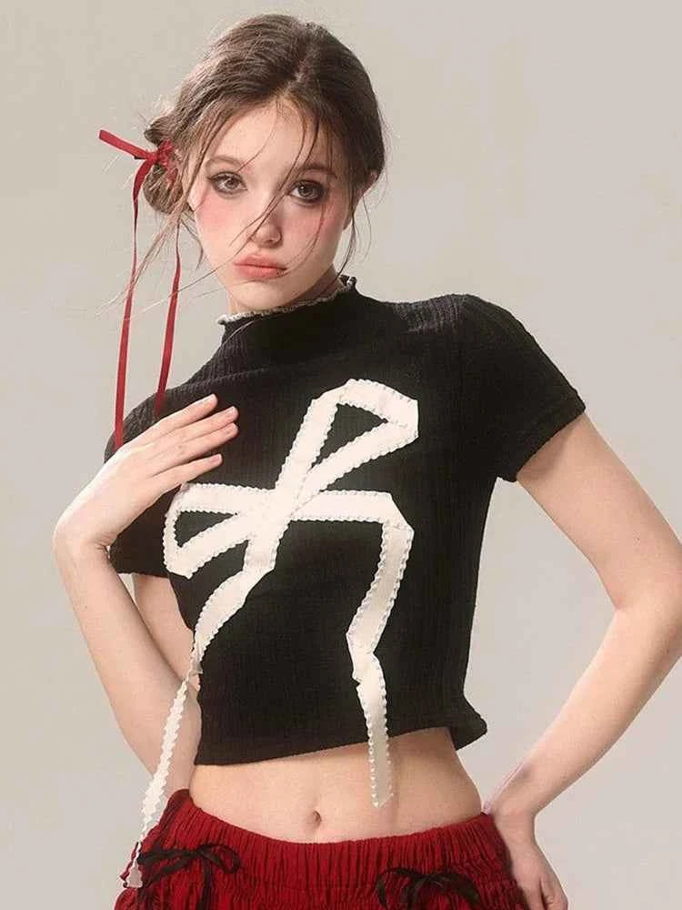 Women Retro Vintage Gothic Bow Print Crop T-Shirt