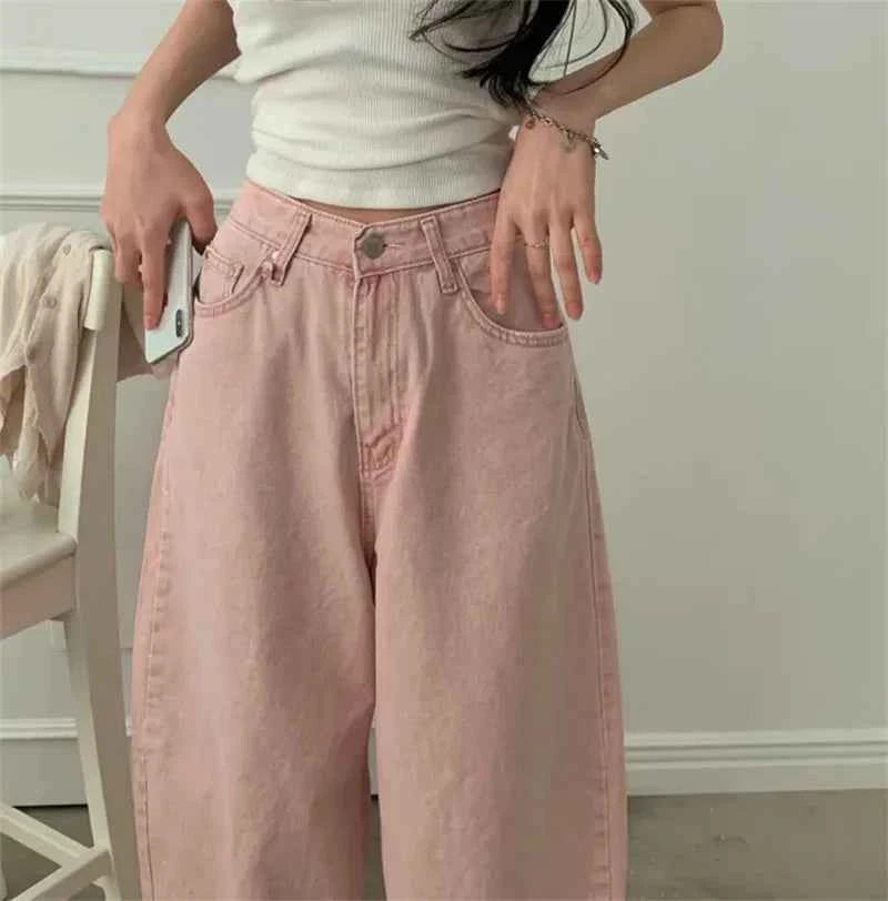 Women Retro High Waist Washed Loose Jeans