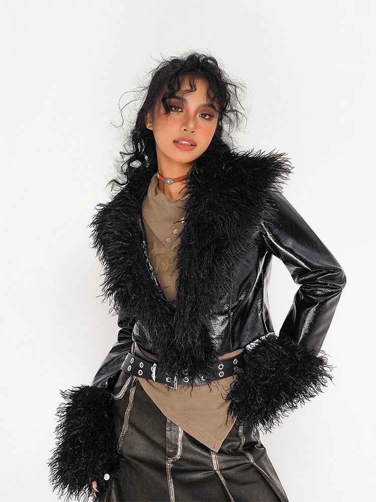 Women Gothic Winter Faux Fur PU Leather Jacket