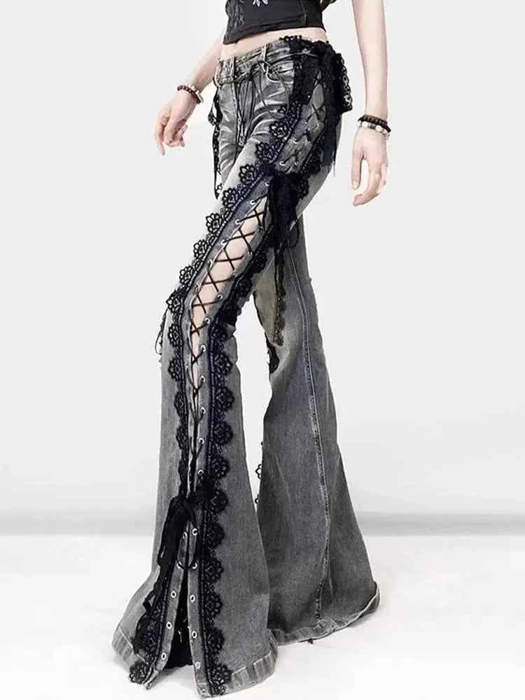 Women Vintage Lace-Up Bell Bottom Jeans
