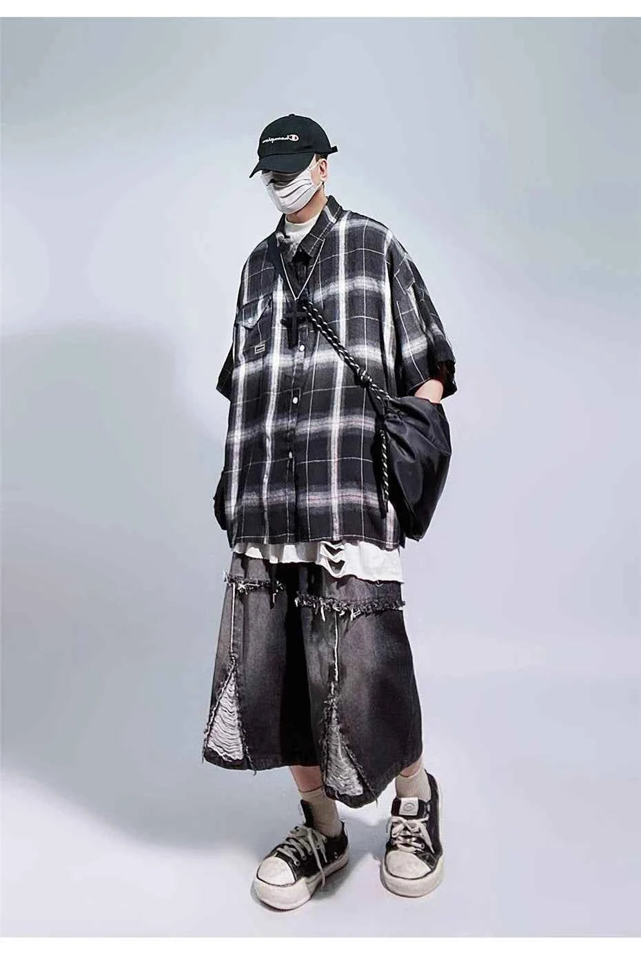 Vintage Gradient Plaid Cargo Hip Shirt