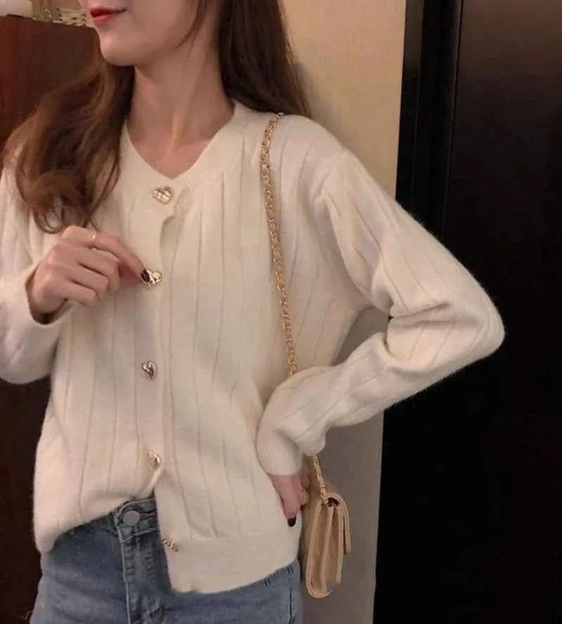 Women Classic Burgundy Knit with Heart Button Cardigan
