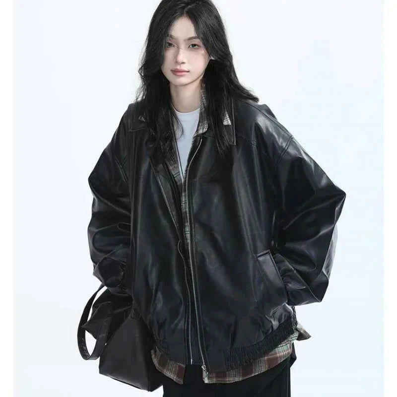 Women Vintage Zipper Faux Leather Jacket