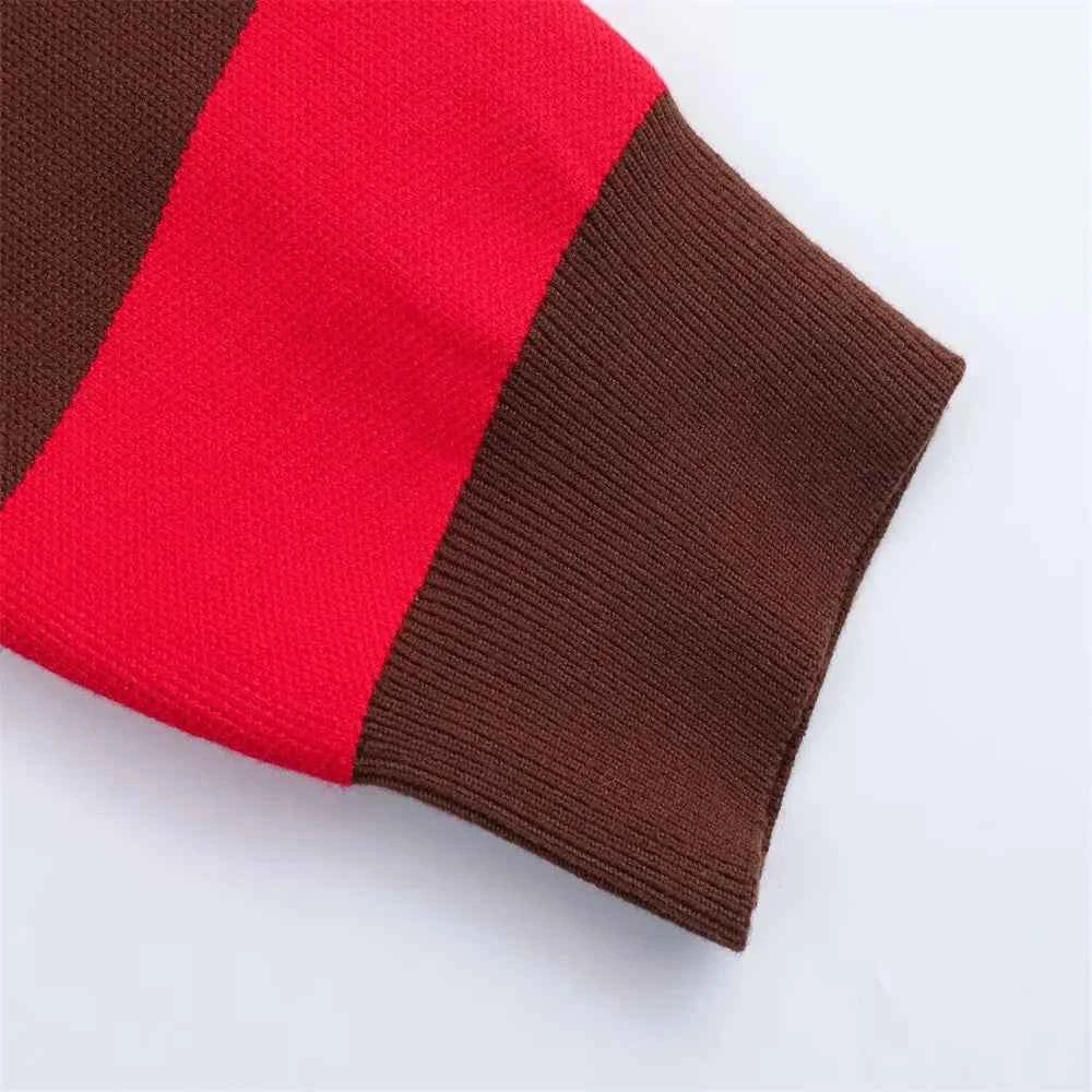 Insulated V-Neck Collar Striped Knit Polo Sweater