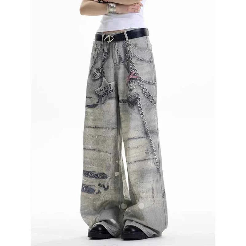 Essential Streetwear Gothic Graffiti Print Boyfriend Jeans