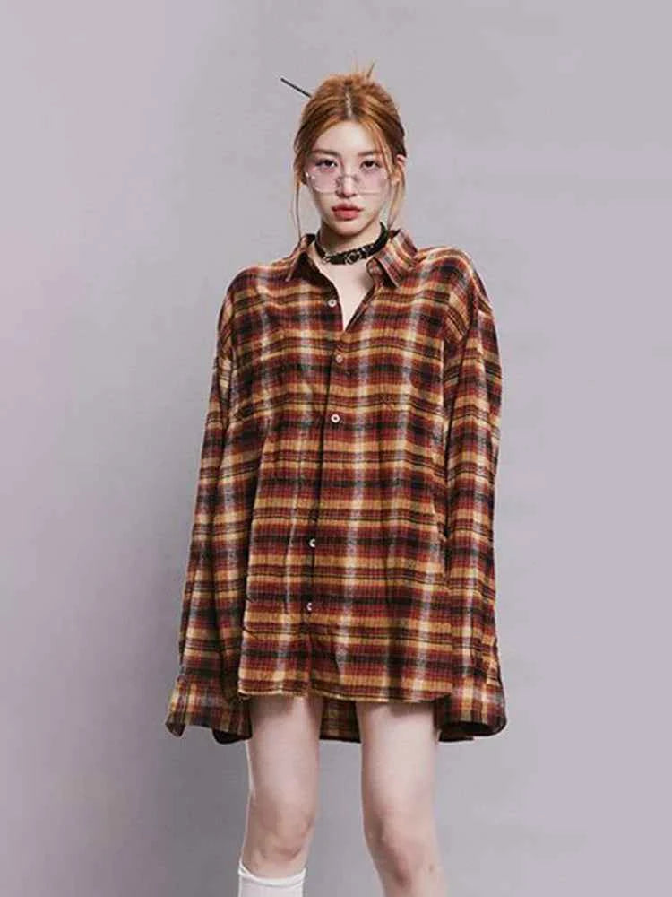Women Cool Plaid Oversize Retro Vintage Long Sleeve Shirt