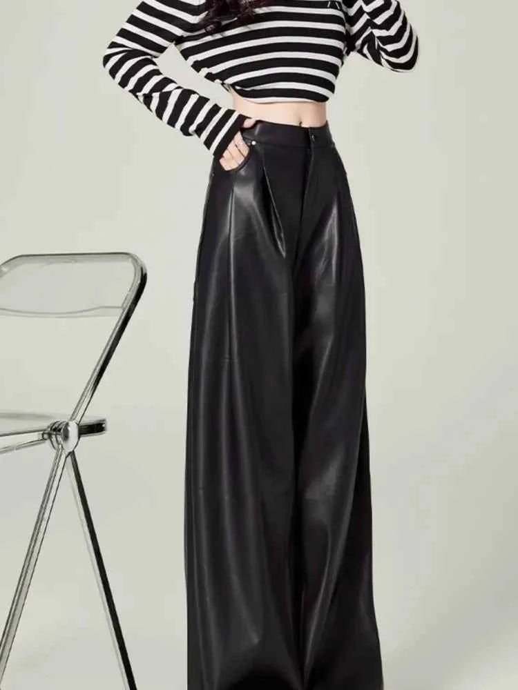 Stylish High Waist Drape Leather Pants