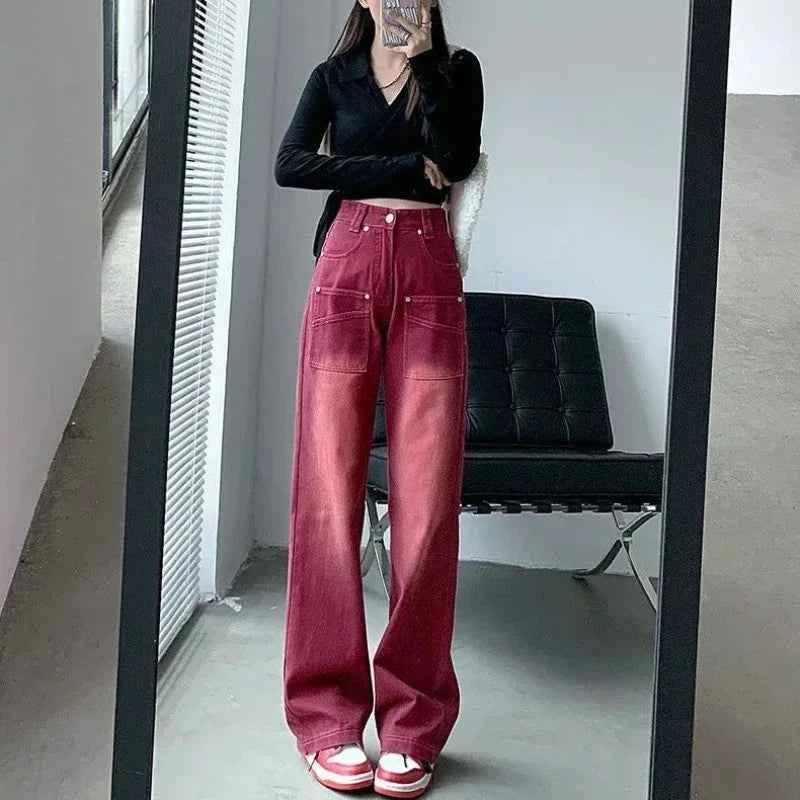 Wine Red Retro European Style Jeans