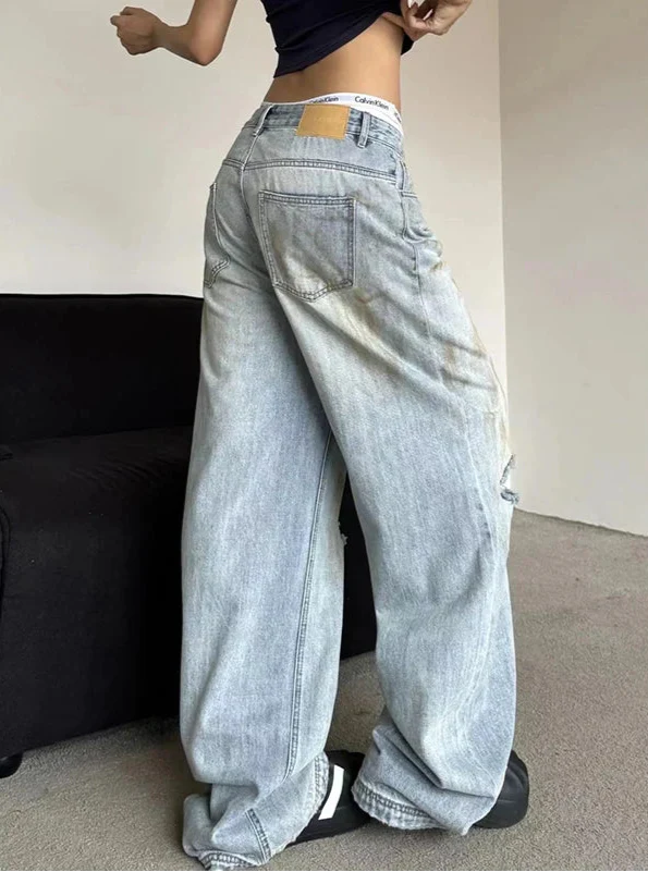 Chic Washed Distressed Korean Style High Waist Jeans - Luxuryurbanwear