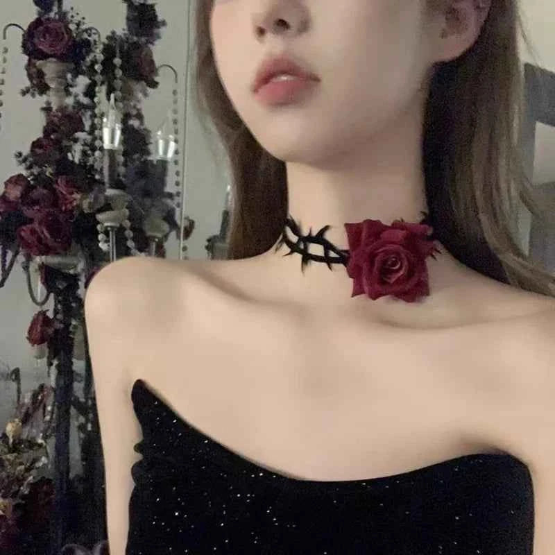 Gothic Black Rose Thorns Pendant Necklace