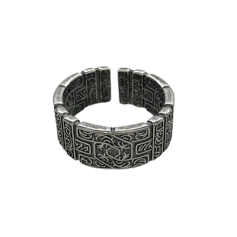 Men Silver Retro Tang Grass Pattern Ring