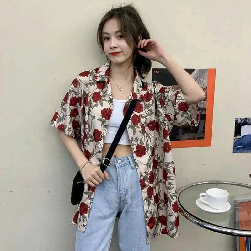 Women Korean Style Vintage Rose Print Short Sleeve Shirt