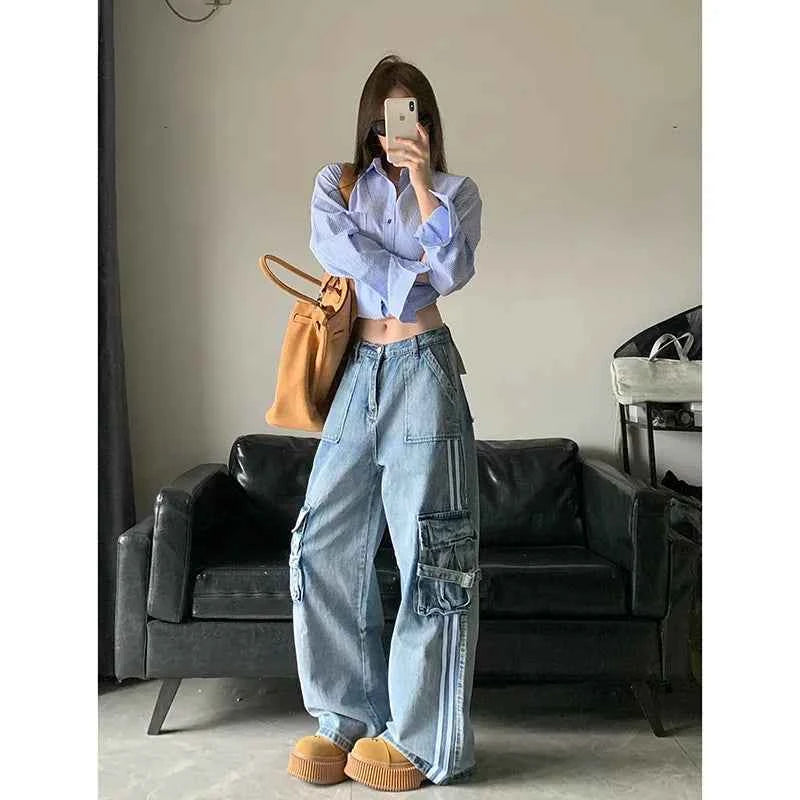 Women Retro Comfort Vintage Blue High Waist Cargo Jeans