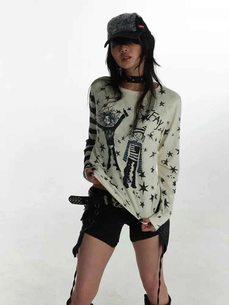 Gothic Patchwork Graphic Long Sleeve T-Shirt