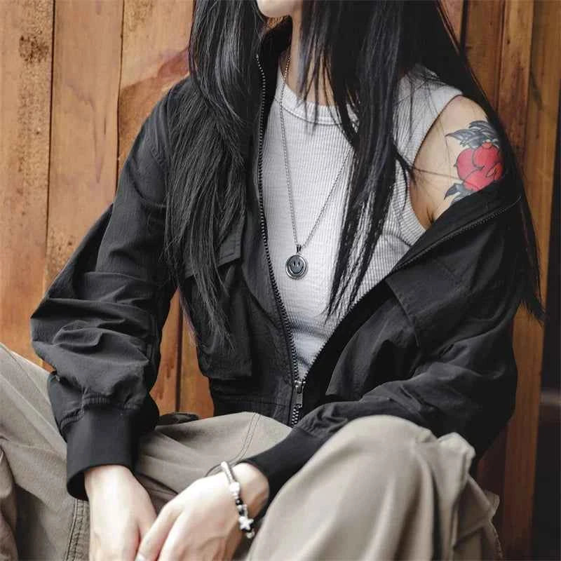 Black Casual Retro Bomber Jacket