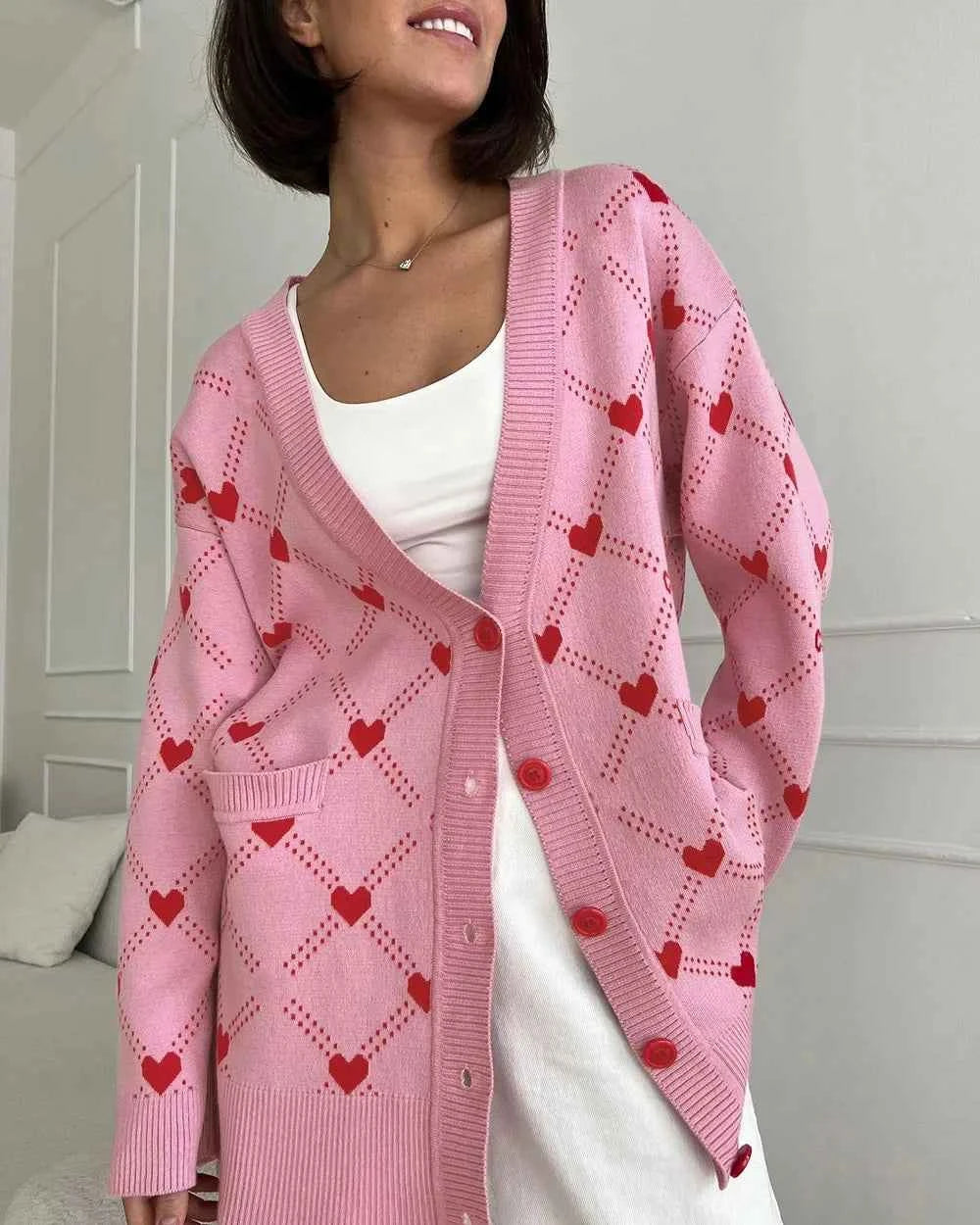 Women Cute Pink Hearts Print Oversize Knitted Cardigan