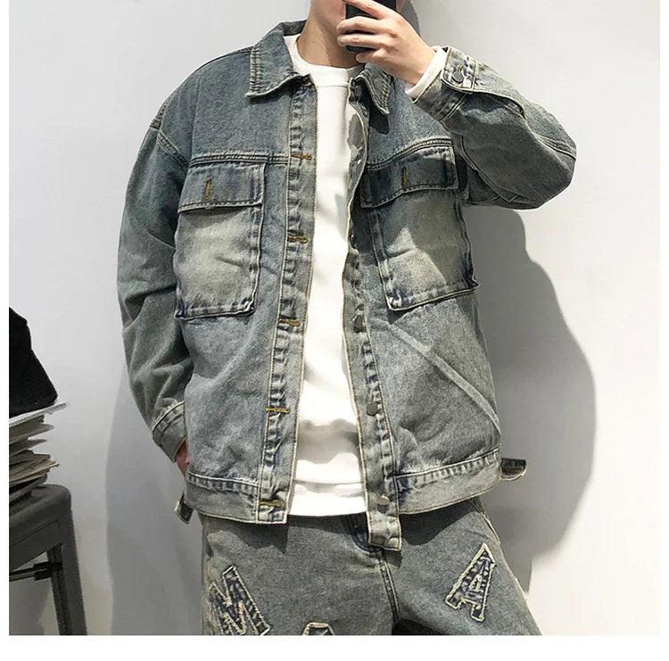 Tied Die Lapel Button Up Jean Jacket