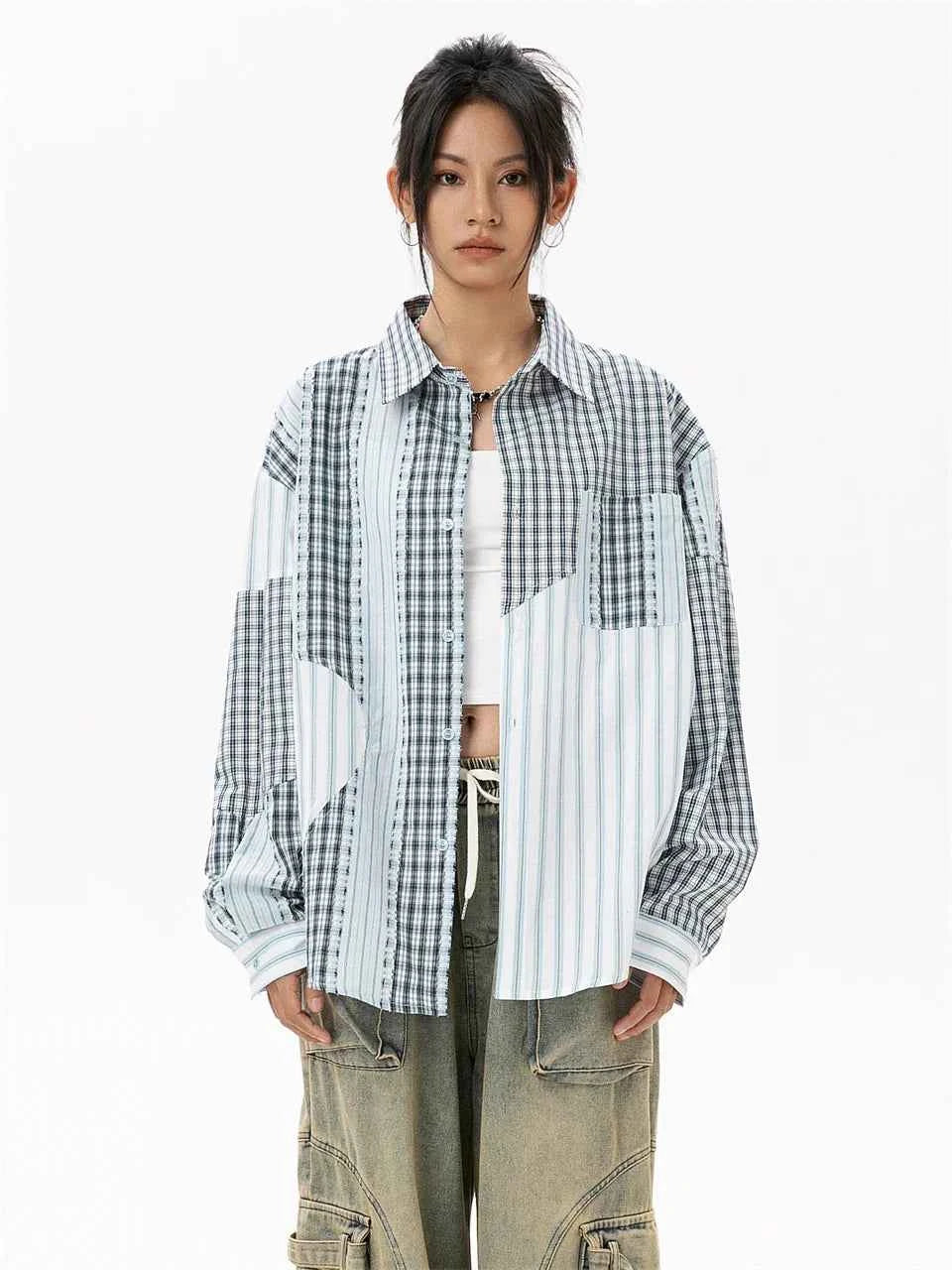 Women Plaid Patchwork Oversized Blouse Shirt