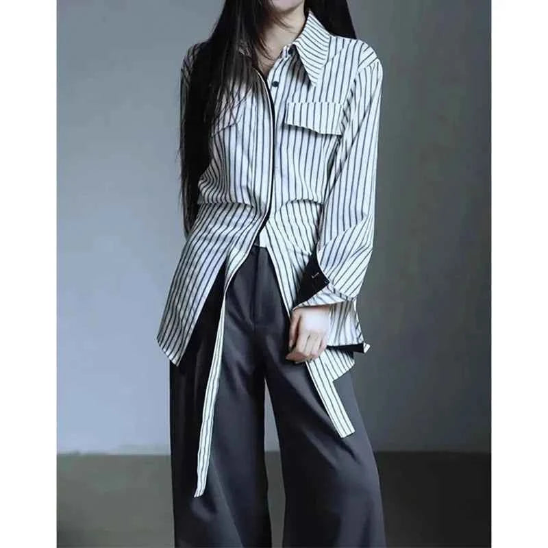 Elegant Vintage Striped Patchwork Blouses Shirt