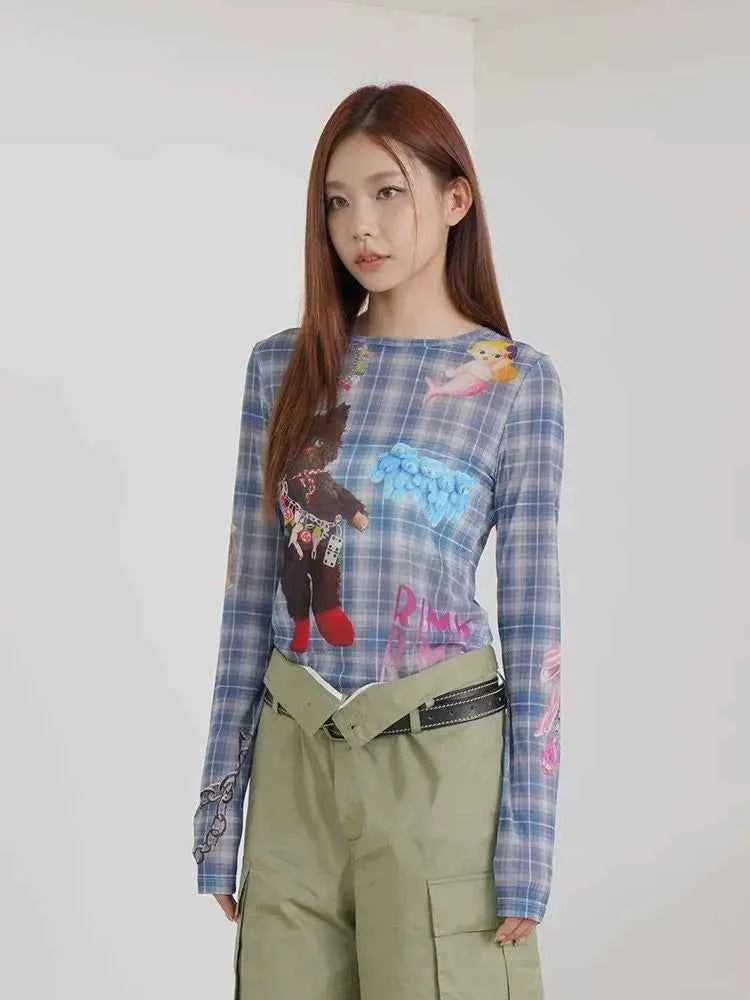 Blue Plaid Graphic Long Sleeve T-Shirt