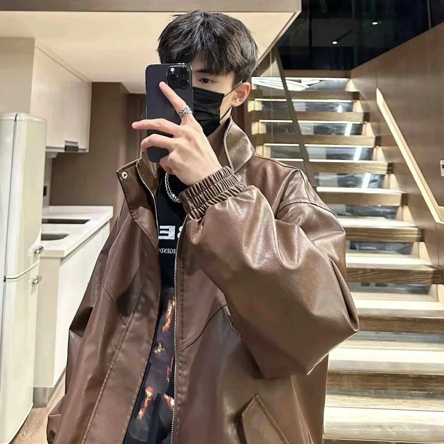 Men Classic Retro Smooth Military PU Leather Jacket