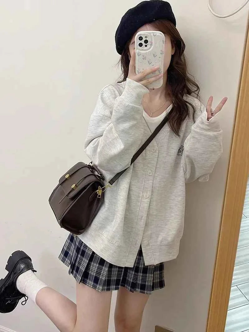 Women Casual Cute Chic Gray V-Neck Button Cardigan