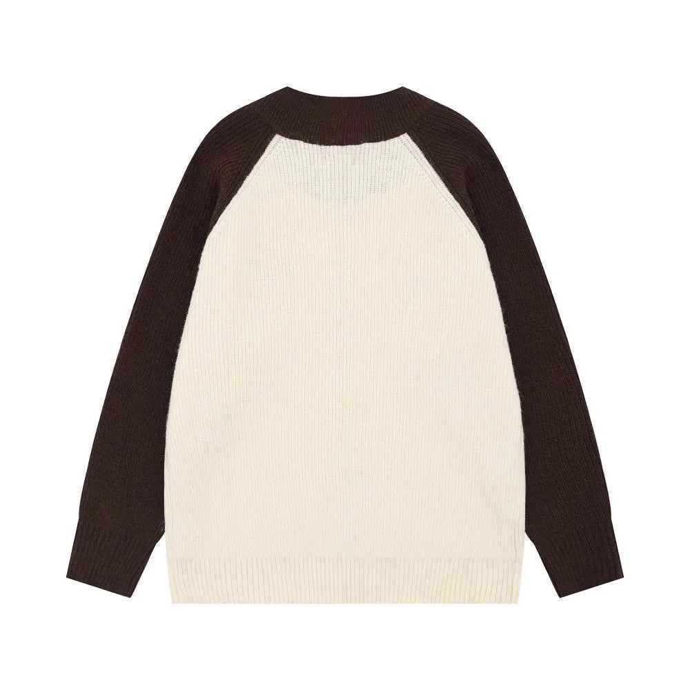 Contrast Paneled Letter Crew Neck Embroidered Cardigan