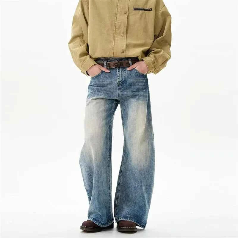 Vintage Washed Blue Textured Wide Jeans