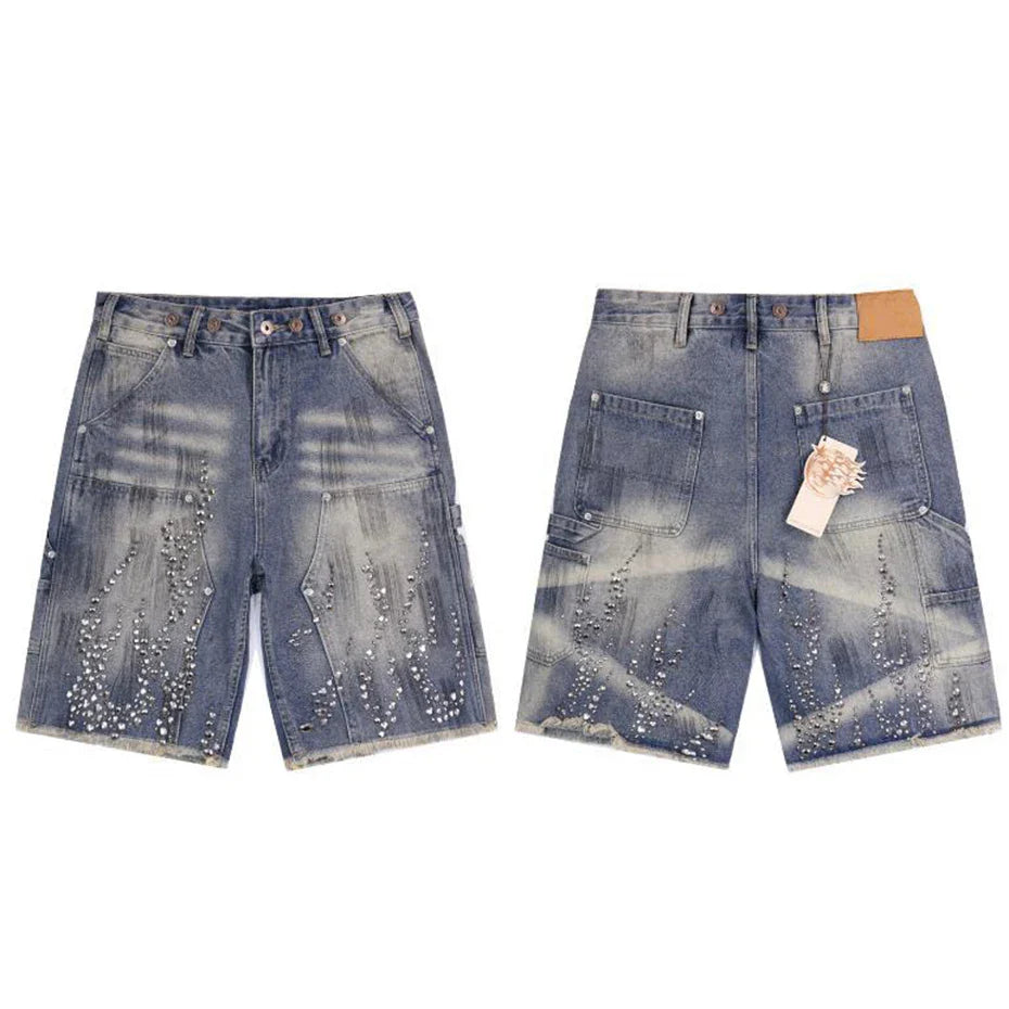 Fire Diamond Denim Rhinestone Shorts