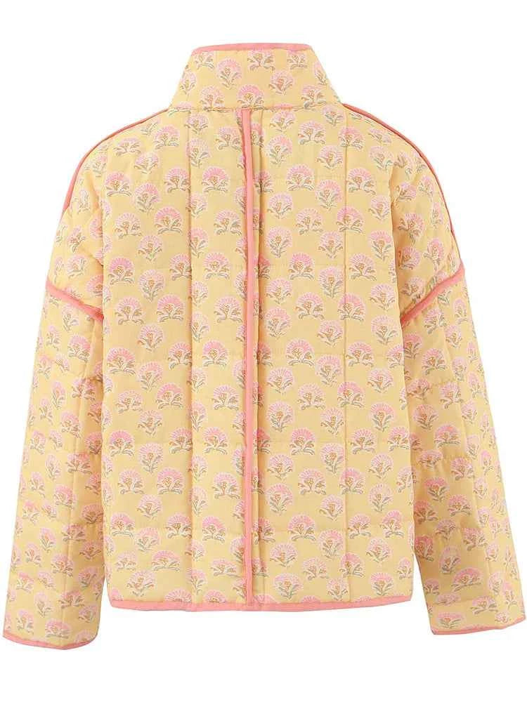 Women Retro Floral Yellow Padded Jacket