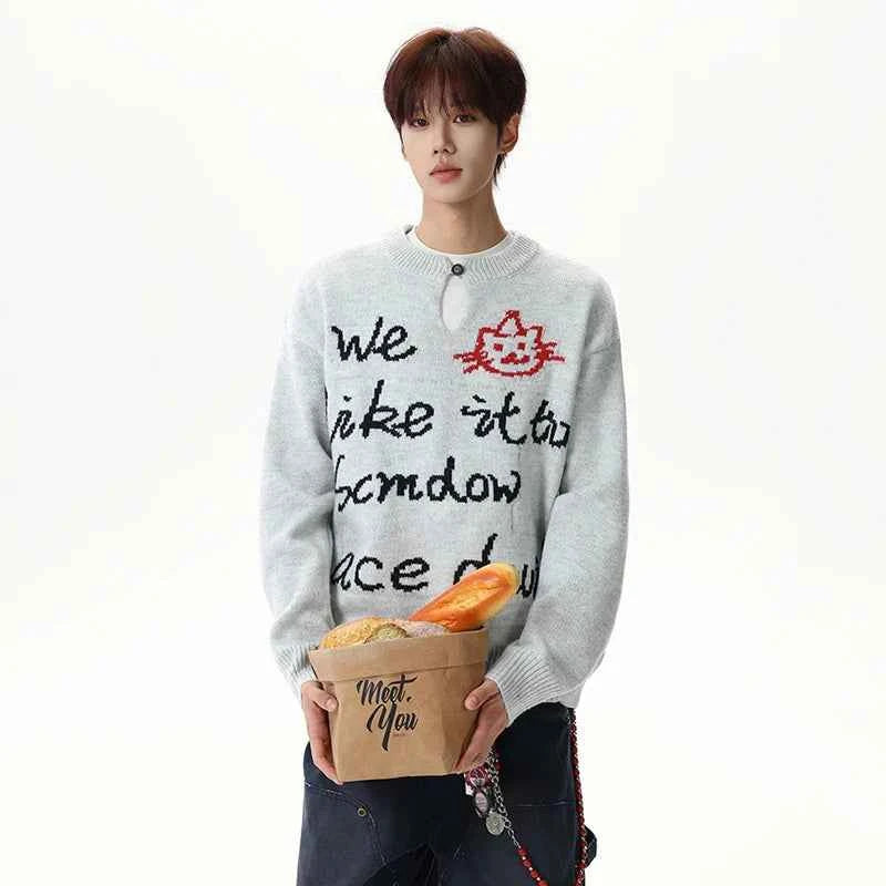 Jacquard Contrast Color V-Neck Knitting Sweater