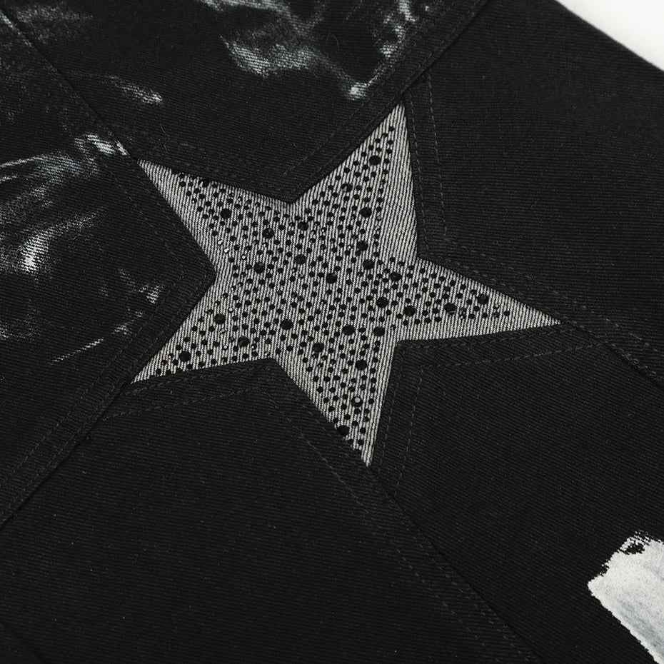 Streetwear Black Diamond Star Patchwork Wide Leg Jeans