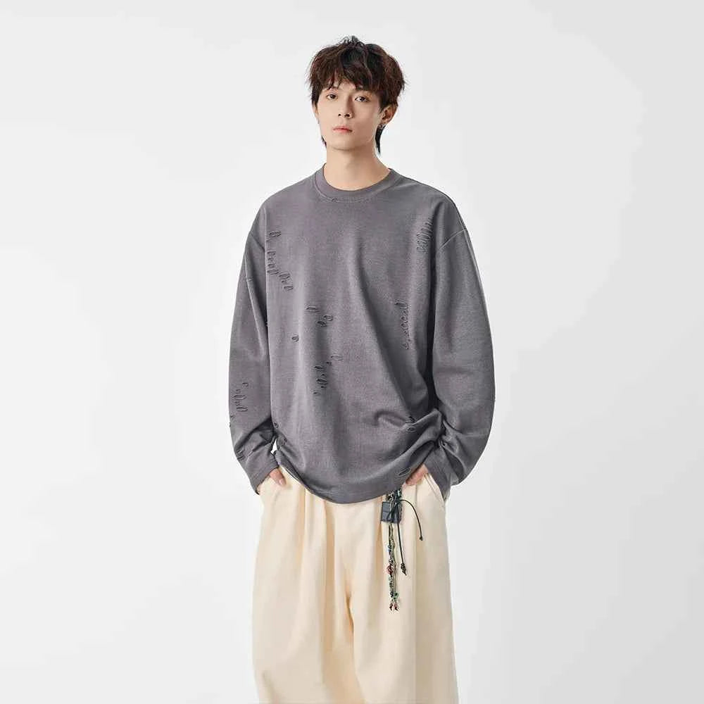 Distressed Solid Color Crew Neck Long Sleeve T-Shirt