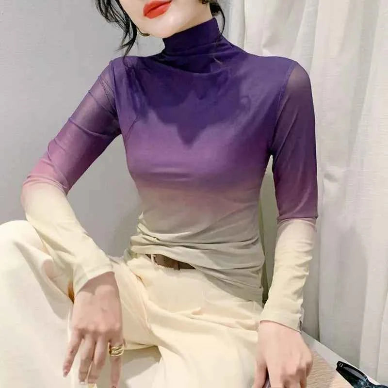 Chic Gradient Print Mesh Long T-Shirt