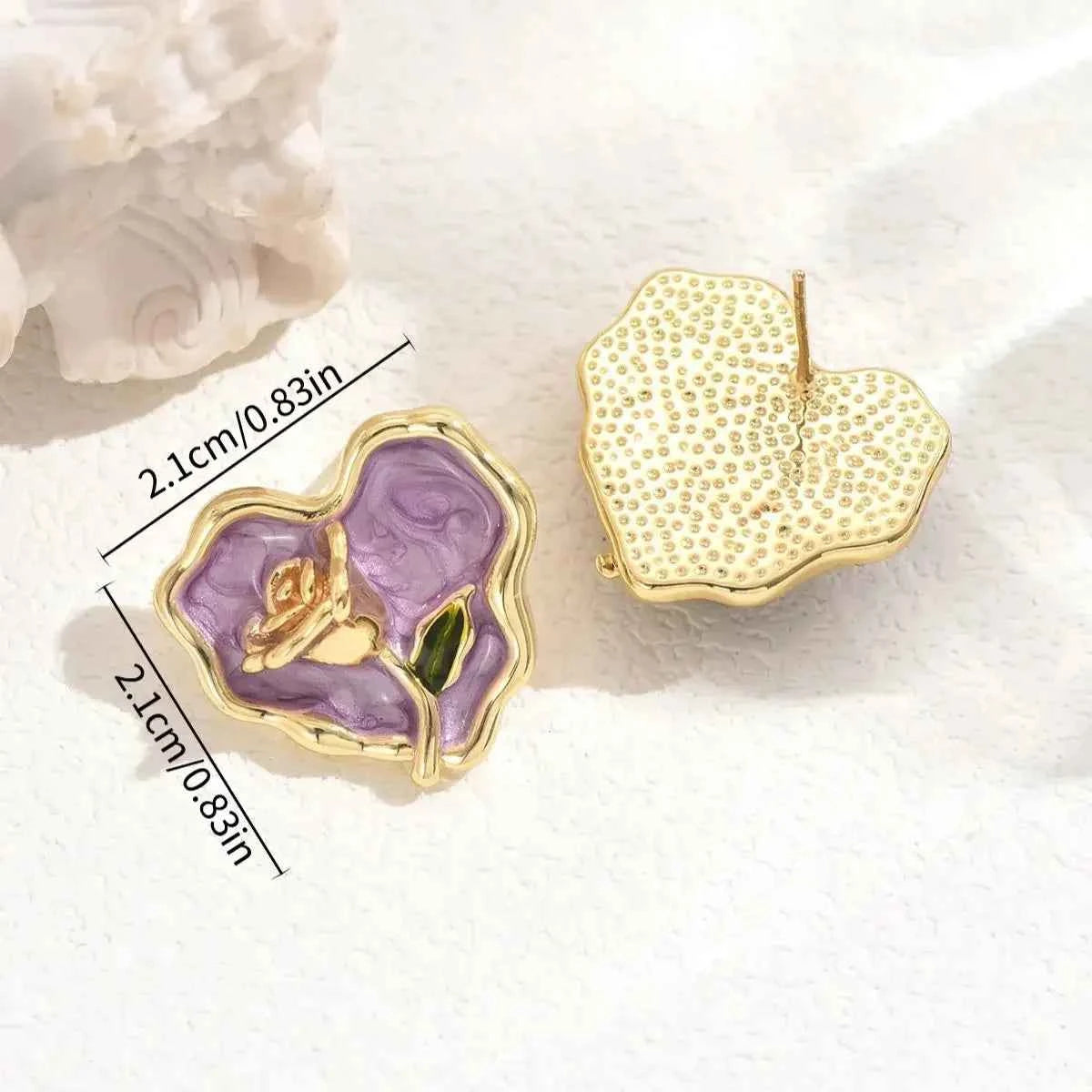 Gold Border Purple Heart Enamel Earrings