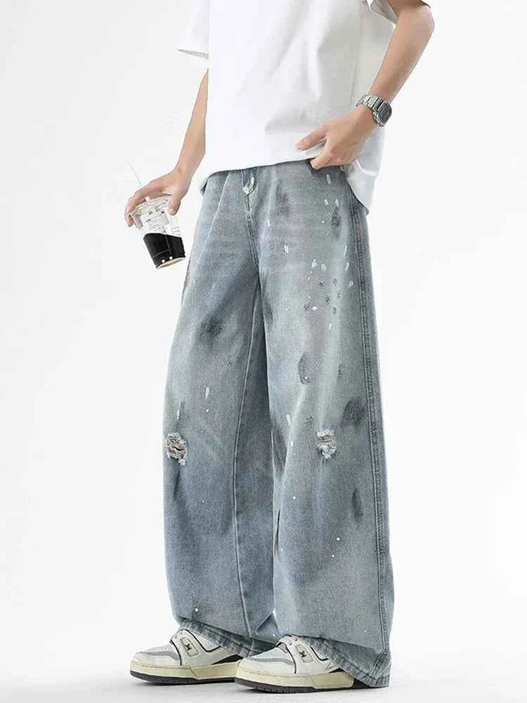 Ripped Baggy Graffiti Printed Denim Jeans