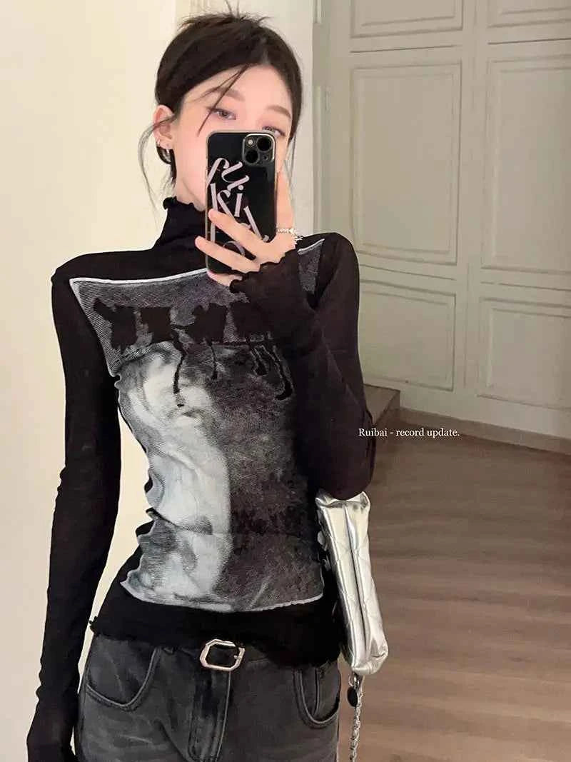 Vintage Mesh High Neck Long T-Shirt